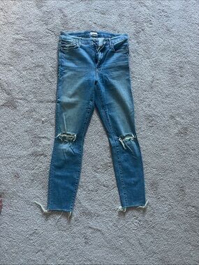 MOTHER Blue Distressed Skinny Jeans with Knee Rips